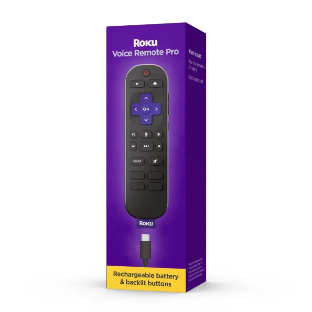 Roku Voice Remote Pro Rechargeable replacement voice remote, backlit buttons, and hands-free voice controls