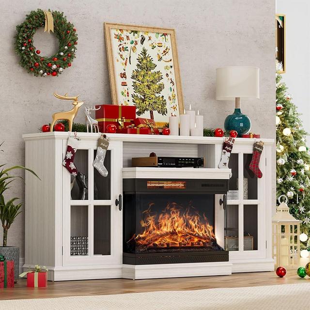 YESHOMY Glass Fireplace TV Stand for TVs up to 65 Inch, Media Entertainment Center with Storage, White Wash