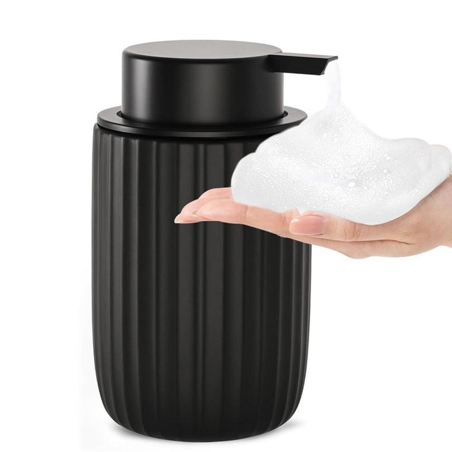 Ceramic Foaming Soap Dispenser, 12 oz Bathroom Foam Hand Soap Dispenser, Refillable Lotion Soap Dispenser with Removable Pump for Kitchen Hand Wash Dispenser, Modern Home Decor (Black)
