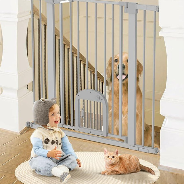 Babelio 36" Tall Upgraded Baby Gate with Cat Door,29-43" Auto Close Durable Dog Gate for Stairs,Doorways and House,Easy Walk Thru,Includes 4 Wall Cups,Gray