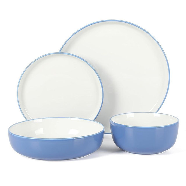 Sur La Table Kitchen Essentials Two-Tone Porcelain Dinnerware Plates and Bowls Set - Blue/White, Service for 4 (16pcs)