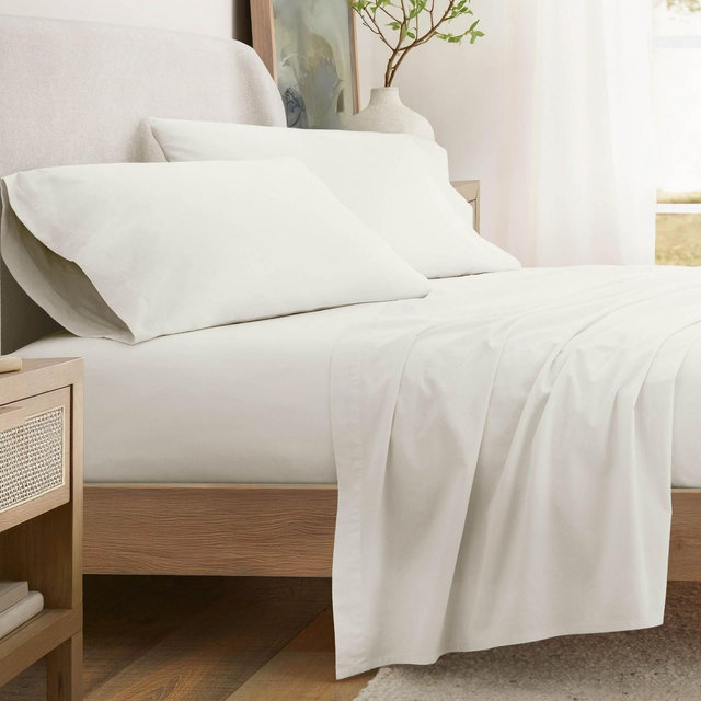 100% Percale Cotton 4PC Sheet Set, Brushed & Pre-Washed Bedding for Softness & Comfort - Becky Cameron, Ivory, California King
