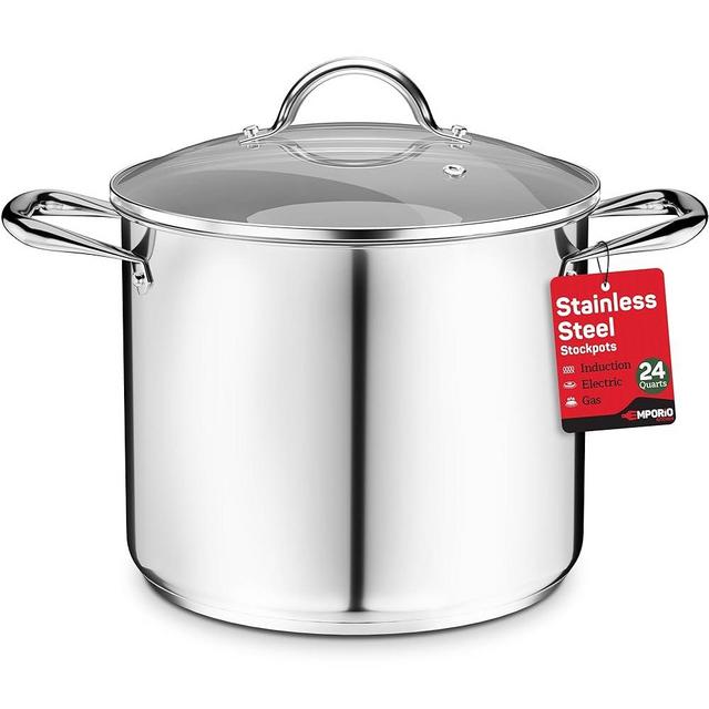 Stainless Steel Stockpot with Tempered Glass Lid 24 Quart, Durable 18/0 Stainless Steel, Impact-Bonded Base for Even Heating, Riveted Handles, Oven & All Stove Compatible, Safe Up To 500°F (260°C)