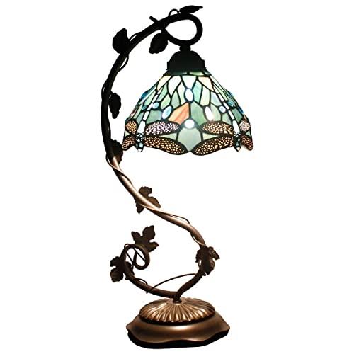 Tiffany Lamps Stained Glass Table Desk Reading Lamp Crystal Bead Sea Blue Dragonfly Style Shade W8H22 Inch for Living Room Bedroom Bookcase Dresser Coffee Table S147 WERFACTORY
