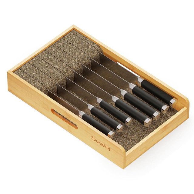 SpaceAid Knife Drawer Organizer 9 inches Wide Bamboo Insert Dock, Kitchen Steak Knives Holder Organizers Block for Drawer in Storage Organization (Medium, Natural)