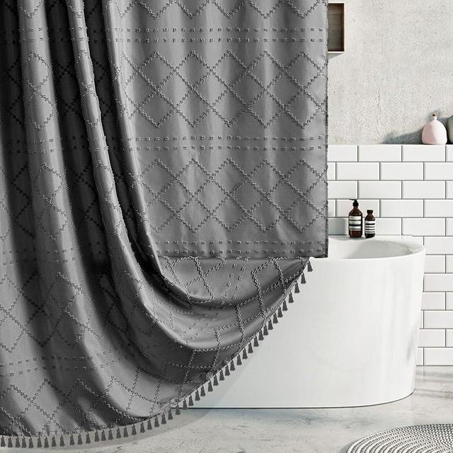 Boho Grey Shower Curtain Woven Fabric Shower Curtain 72 x 72 Tufted Chevron Striped Shabby Chic Textured, Modern Farmhouse Minimalist, Water Resistant Curtain Set for Bathroom, Hotel Decor