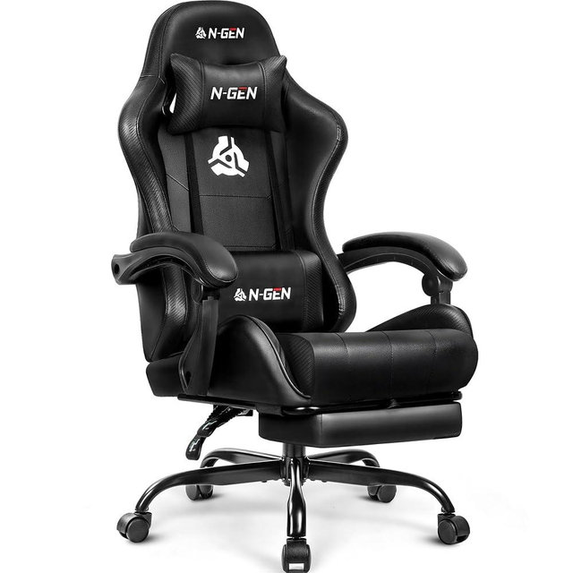 N-GEN GAMING Video Gaming Chair with Footrest Lumbar Support for Home Office High Back Recliner Height Adjustable Ergonomic Comfy Leather Computer Desk Chair (Deep Black)