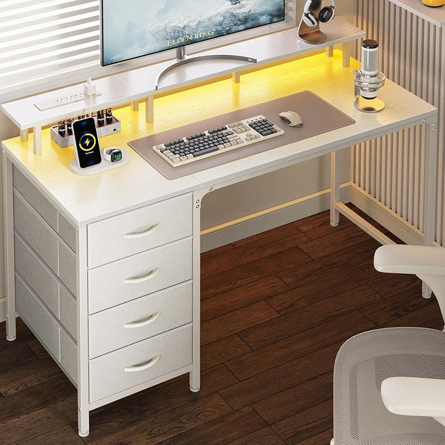 Huuger 47 Inch Computer Desk with Power Outlets and LED Lights, Gaming Desk with 4 Drawers, Office Desk with Monitor Stand, Study Desk Work Desk for Home Office, Small Spaces, White