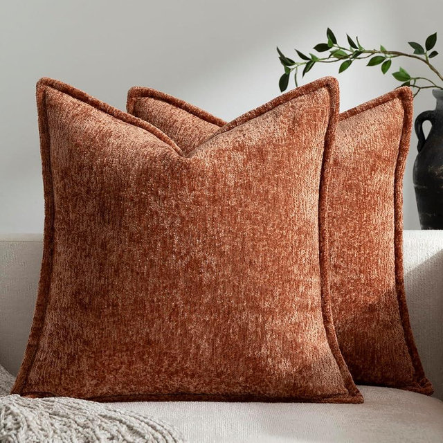 DEZENE Pack of 2 Burnt Orange Fall Decorative Throw Pillow Covers 24x24 Cozy Soft Chenille Accent Vintage Square Couch Pillow Covers for Home Decor Bed Sofa Living Room