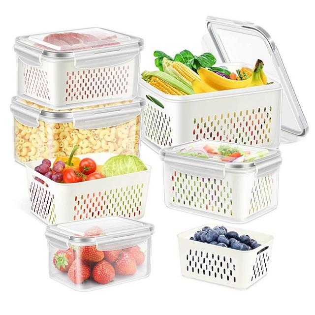 ODOMU 5 PCS Fridge Food Storage Container with Colander, Plastic Fresh Produce Saver Keeper for Vegetable Fruit Berry Salad Lettuce Meat Fish, BPA Free Kitchen Refrigerator Organizer Bins (6.2L-0.8L)