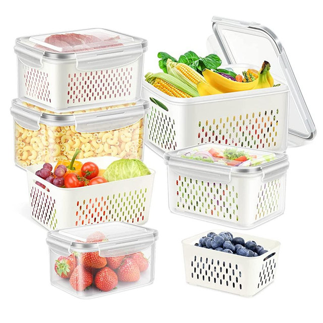 ODOMU 5 PCS Fridge Food Storage Container with Colander, Plastic Fresh Produce Saver Keeper for Vegetable Fruit Berry Salad Lettuce Meat Fish, BPA Free Kitchen Refrigerator Organizer Bins (6.2L-0.8L)