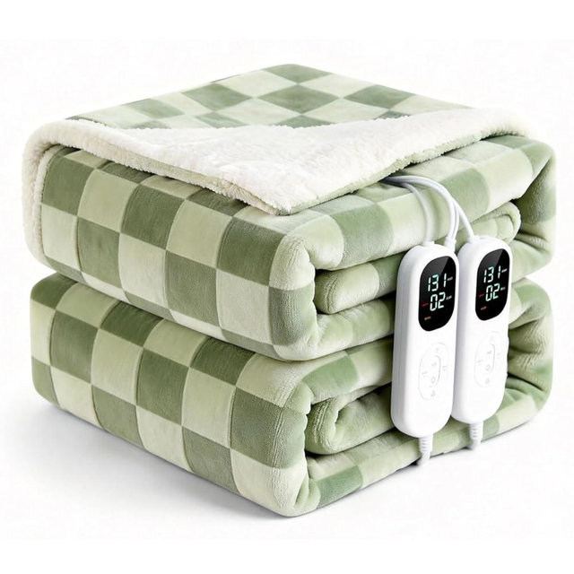 IUUI Heated Blanket Electric Queen Checkered- 84x90 Inches Soft Flannel Heating Blanket,Fast Heating Blanket 6 Heating Levels & 2 Hours Auto Off ETL Certification (Sage Green, Queen 84" x 90")