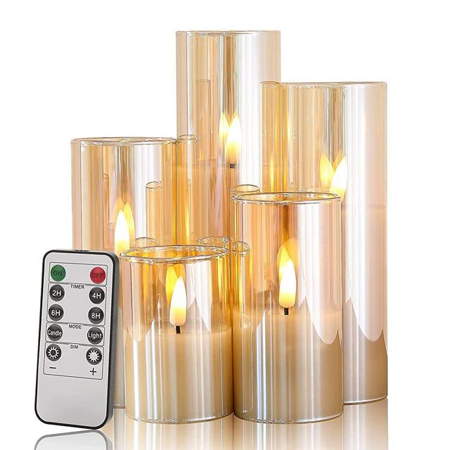 Eywamage Slim Flameless Candles in Gold Glass Batteries Included, Flickering LED Pillar Candles with Remote Wedding Home Table Decor, D 2" H 3" 4" 5" 6" 7"