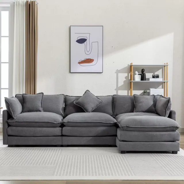 111.4" L-Shape Chenille Upholstered Sectional Sofa Couch with Ottoman and 5 Pillows, Gray-ModernLuxe