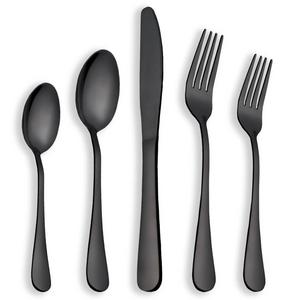 Berglander Flatware Set Black Gold, 20 Piece Black Flatware, 20 Piece Black Titanium Flatware, 20 Piece Black Gold Plated Stainless Steel Silverware Set Cutlery Sets, Service for 4(shiny Black)