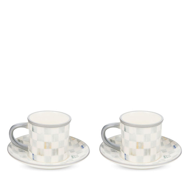 MacKenzie-Childs Sterling Check Stoneware Espresso Cup & Saucer, Set of 2