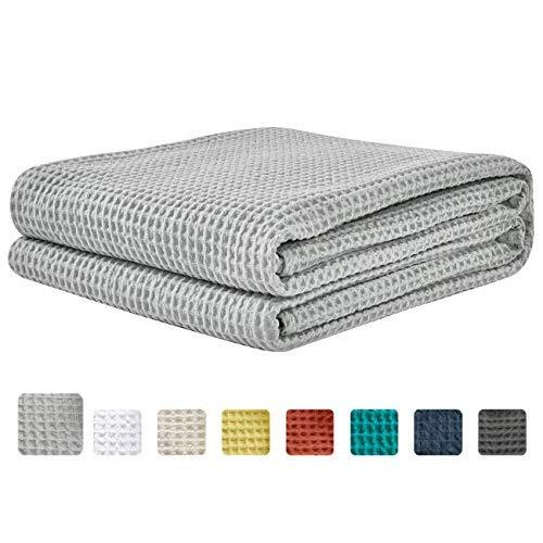 PHF Cotton Waffle Weave Blankets King Size Soft Cozy Lightweight for Bed Couch Sofa Light Grey