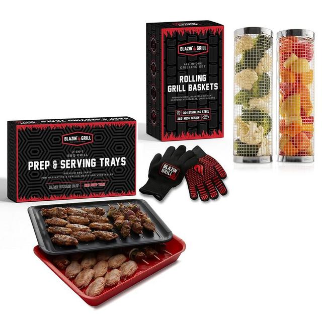 BLAZIN' GRILL Prep & Serving Trays & Rolling Grill Baskets Bundle | Set of 2 Stackable, Melamine Trays | 2 Rolling Grilling Baskets | Barbecue Grill Set with BBQ Gloves | Perfect for Vegetables, Meat