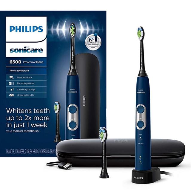 Philips Sonicare ProtectiveClean 6500 Rechargeable Electric Toothbrush with Charging Travel Case and Extra Brush Head, Navy HX6462/07