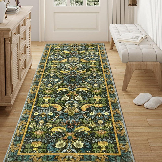 Runner Rug - 2'x6' Boho Washable Kitchen Rug, Non-Slip Soft Low Pile Rugs Indoor for Entrance Living Room Bedroom Bathroom,Vintage Hallway Carpet Stain Resistance (Dark Green, 2x6ft)