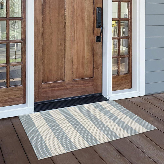 LEEVAN Front Door Rug 24'' x 35'', Machine Washable Blue Outdoor Rug Entryway Rugs, Indoor Striped Rug Cotton Hand-Woven Small Area Rug Outdoor Mats for Porch/Farmhouse/Home Entrance