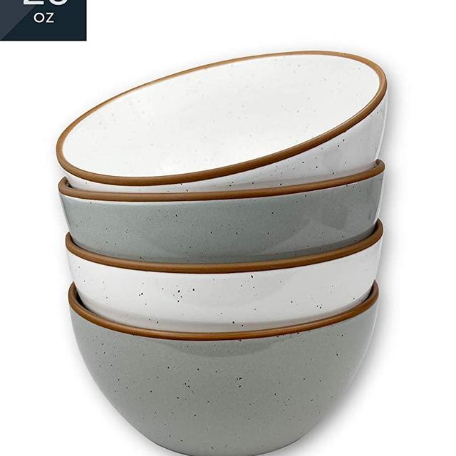 Mora Ceramic Bowls, 28oz - Set of 4 - For Cereal, Salad, Pasta, Soup, Dessert, Serving etc - Dishwasher, Microwave, and Oven Safe - Small Kitchen, Breakfast, Lunch and Dinner Approved - Vanilla & Grey