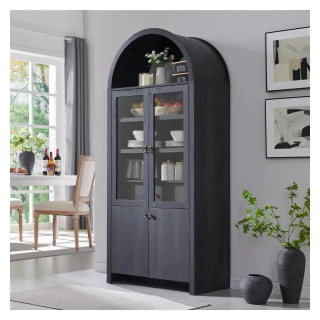 71″ Tall Arched Pantry Cabinet with 4 Doors & Adjustable Shelves & Hidden Drawer, Modern Farmhouse kitchen Storage Cabinet, Gray