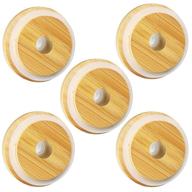 SBMKK Bamboo Lids for Glass Cups and 16 OZ Beer Can Glass, Bamboo Mason Jar Lids Regular Mouth with Straw Hole, 70mm/2.75 Inch Replacment Wooden Cover (regular mouth 5 pcs)