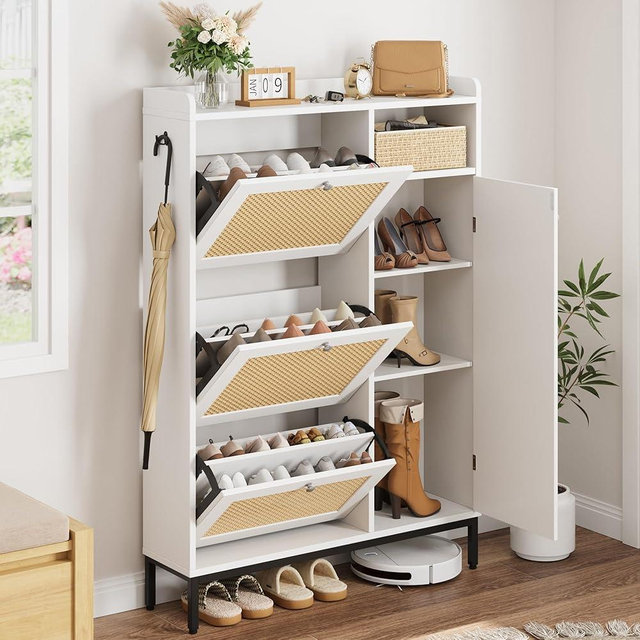GarveeHome Shoe Cabinet Rattan with 3 Flip Drawers and 4-Tier Shoe Storage Cabinet, Freestanding Shoe Organizer with Adjustable Shelves for Entryway, Closet, Hallway (White)