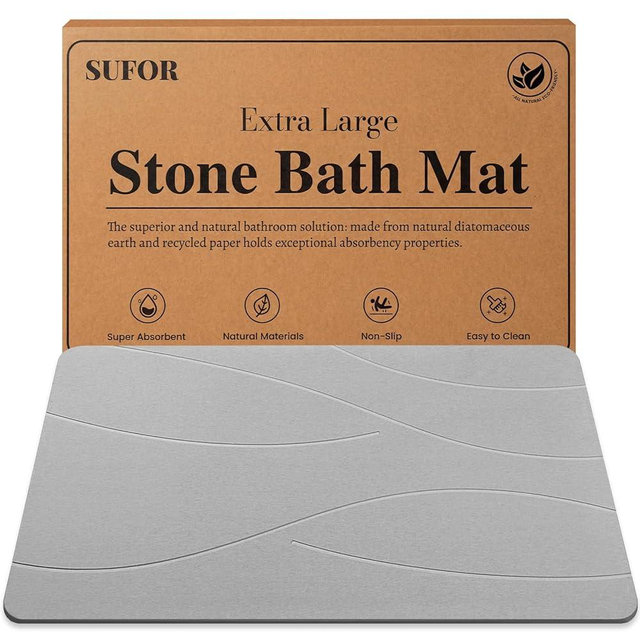 32"x20" Stone Bath Mat, Diatomaceous Earth Shower Mat, Non-Slip Super Absorbent Quick Drying Bathroom Floor Mat, Natural, Easy to Clean (Cloudy Gray)