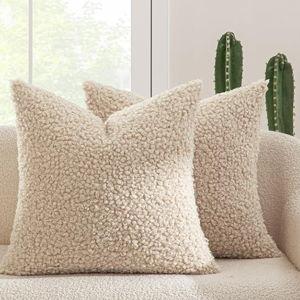 MIULEE Pack of 2 Faux Fur Throw Pillow Covers 20x20 Inch Neutral Oatmeal Boucle Decorative Sherpa Pillow Covers Fuzzy Accent Soft Sheepskin Fleece for Boho Home Decor Sofa Living Room Couch Bed