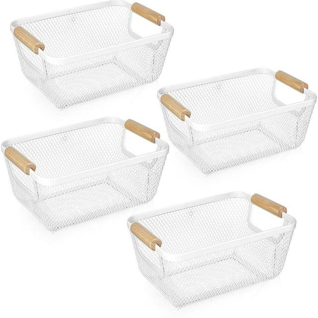 Ziliny 4 Pcs Metal Wire Basket with Wooden Handles Mesh Steel Storage Organizer Bin Containers for Home Organizing Cabinet Pantry Closet Kitchen Fridge Fruit Makeup Snacks Gifts(Small,White)