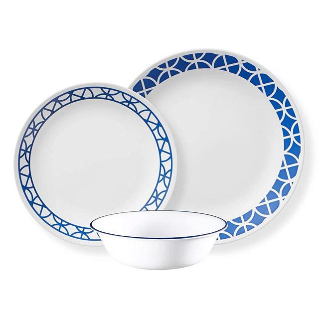 Corelle Vitrelle 12-Piece Glass Dinnerware Set Service for 6, 10.25" Dinner Plates, 8.5" Salad Plates, 18-Oz Soup Cereal Bowls, Cobalt Circles