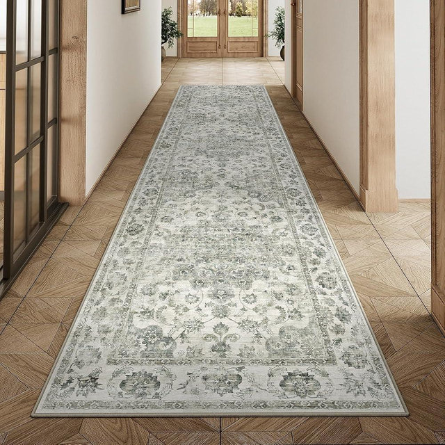 WondRg 2x8 Washable Neutral Runner Rug Green Vintage Hallway Kitchen Carpet Non-Slip Soft Low Pile Floral Throw Rug for Bedroom Bathroom Laundry Living Room