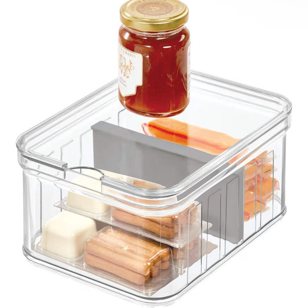 iDesign Plastic Crisp Divided Fruit and Vegetable Storage with Easy to Grip Integrated Handles Designed to Keep Food Fresh Longer, 8.32" x 6.32" x 3.76", 2 Section