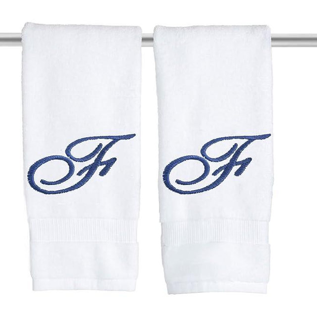 Decorvo White Monogrammed Hand Towels for Bathroom - Luxury Hotel Quality Personalized Initial Embroidered Towel for Powder Room, Spa - GOTS Organic Certified - Pack of 2 Navy, Letter F