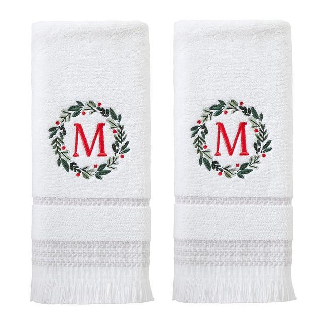 SKL Home Christmas/Winter Wreath Monogram Hand Towel M 2pc Set for Bath/Kitchen/Bar & Gift, White