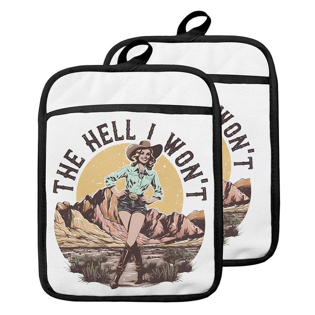 GOOZHO Western Cowgirl Pot Holders with Pockets, Cowgirl Gifts, Vintage Funny Country Western Oven Pot Holders Heat Resistant Oven Mitts Hot Pads for Kitchen Baking Cooking