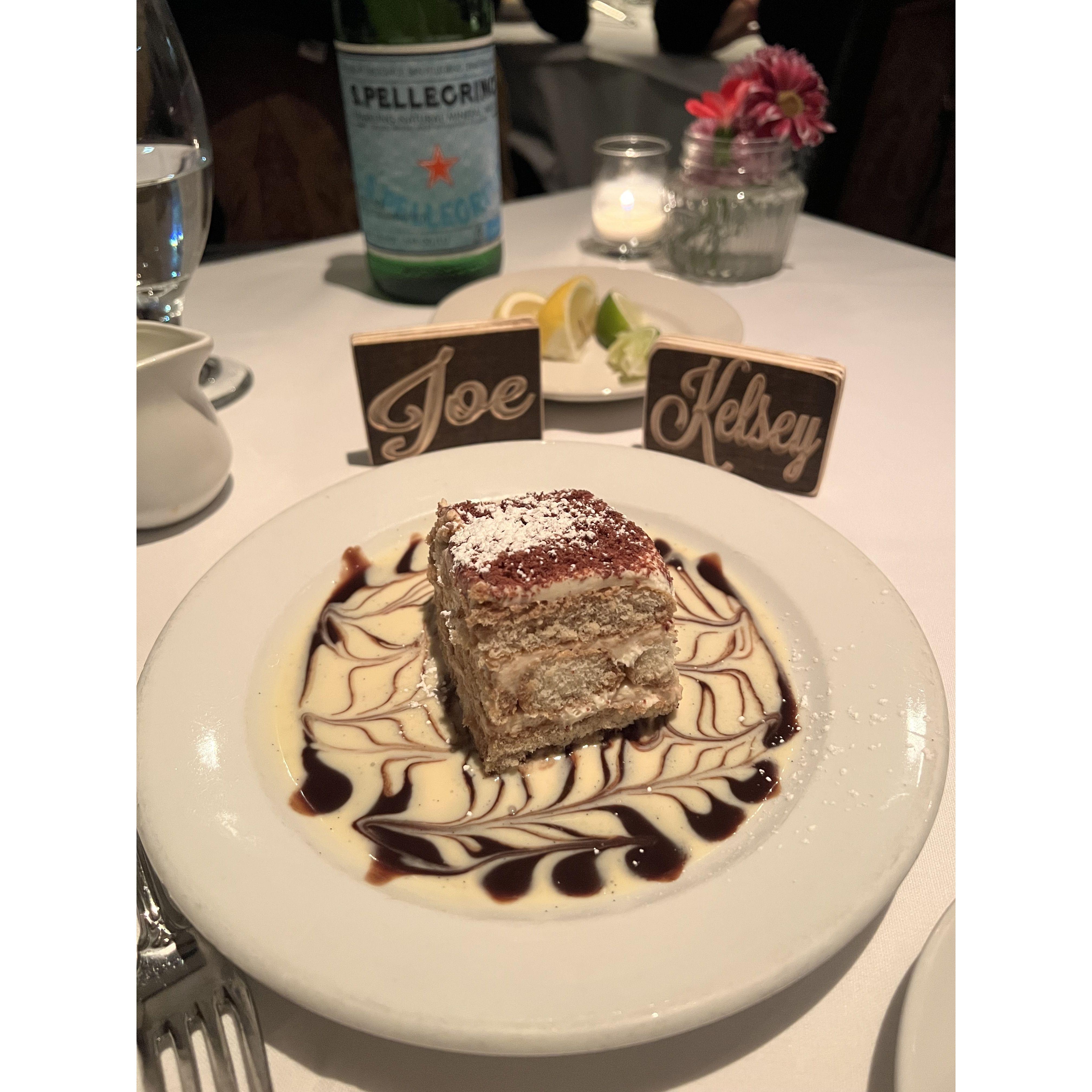 Tiramisu as our wedding cake. Joe and Kelsey signs courtesy of the Harkousha's wedding.