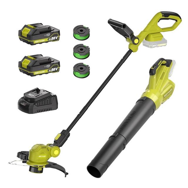 SEYVUM 20V String Trimmer and Leaf Blower Combo Kit, 12-inch Cordless Weed Wacker with 3 Pcs Grass Cutter Spool Line, 500 CFM Electric Leaf Blower for Lawn Care with 2 X 2.0Ah Battery and Charger