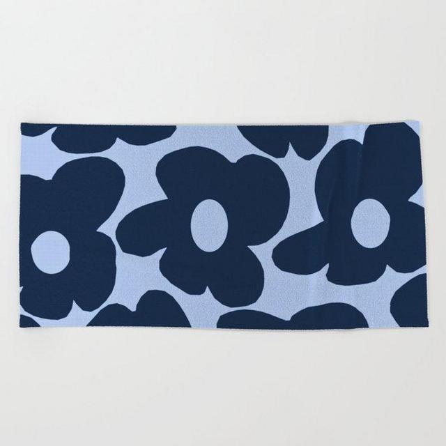Large Dark Blue Retro Flowers Baby Blue Background Beach Towel