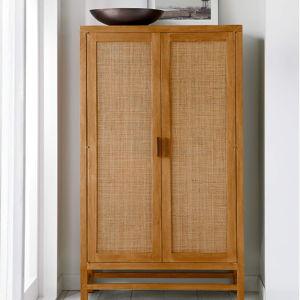 Blake 37" Light Brown Teak and Rattan 2-Door Storage Cabinet