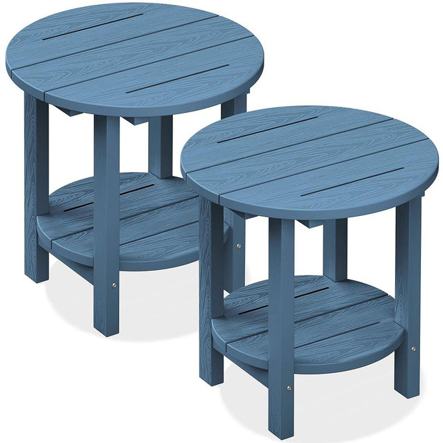 SERWALL Round Outdoor Side Table Set of 2, HDPE Small Adirondack Double End Table, Navy