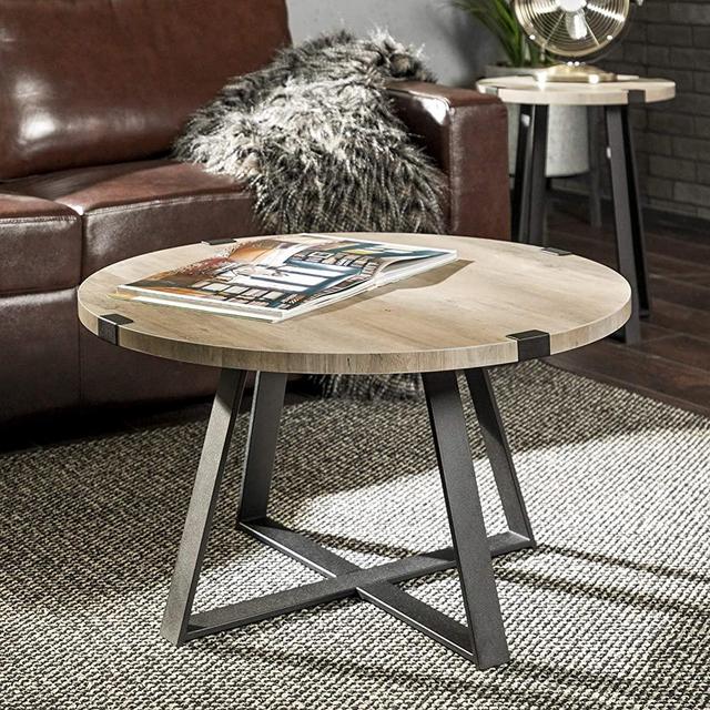 WE Furniture Rustic Farmhouse Round Metal Coffee Accent Table Living Room, 30 Inch, Grey, Black