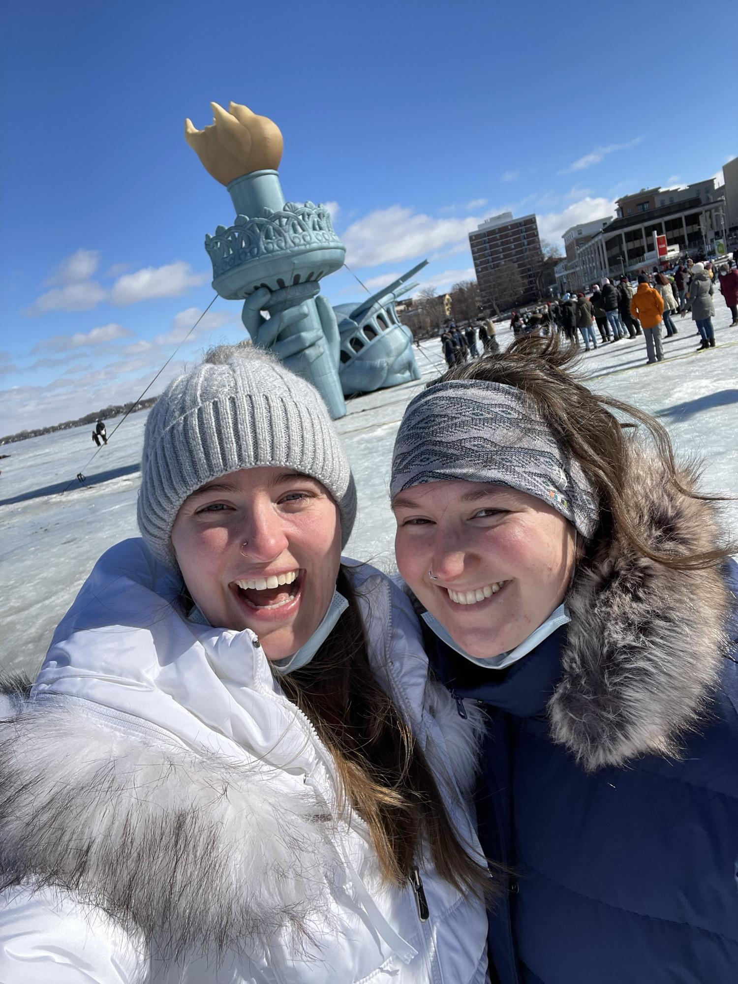 Walking on frozen Lake Mendota with Lady Liberty - Madison, WI