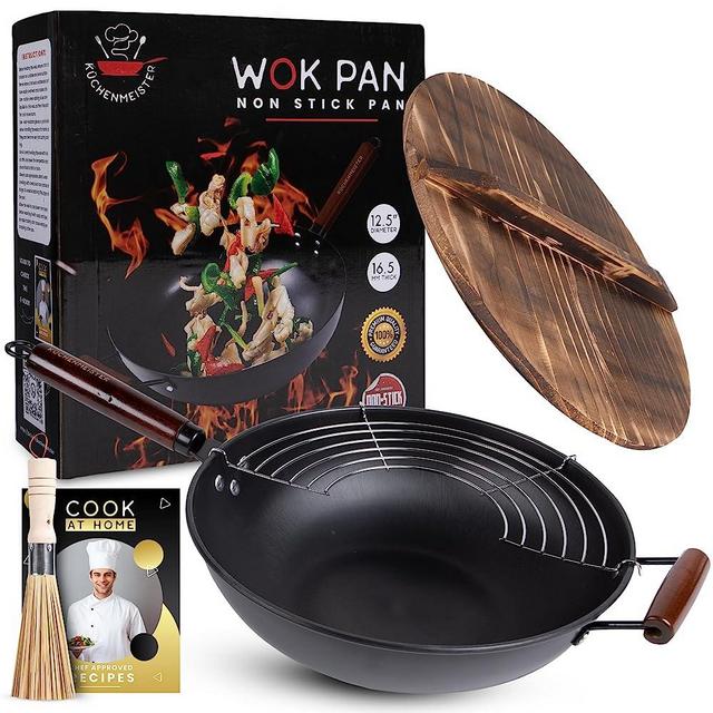 Küchenmeister 4 pieces Carbon Steel Wok Pan with Wooden Lid, 12.5 inches Woks & Stir-Fry Pans with Flat Bottom, eBook with Recipes, Ideal for All Stoves Induction, Electric, Gas, Halogen