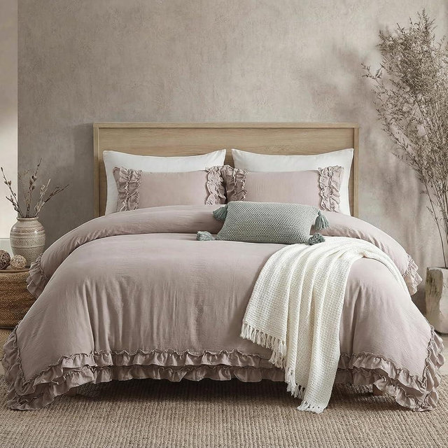 Bedorm Taupe Duvet Cover Set King Ruffle Bedding Set Pleat Ruffled Shabby Chic Comforter Cover Extra Soft & Easy Care Boho Duvet Cover with Zipper Closure