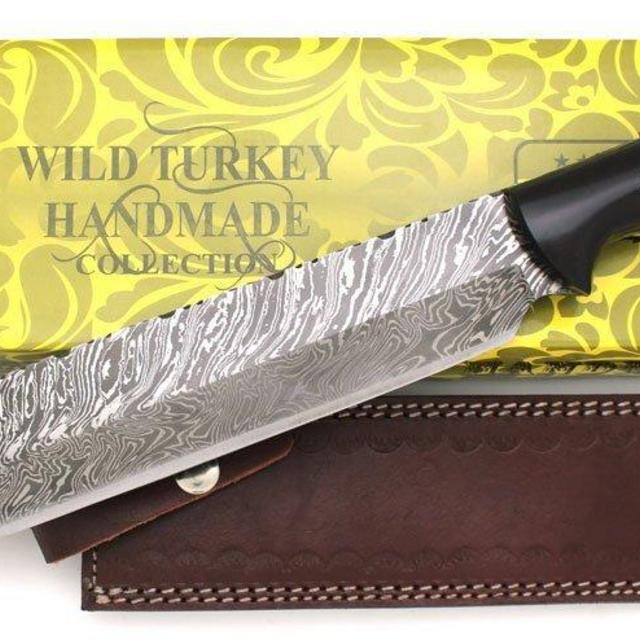 Wild Turkey Handmade Damascus Steel Collection Full Tang Tanto Blade Fixed Blade Knife w/Leather Sheath Hunting Camping Fishing Outdoors Sharp Blade