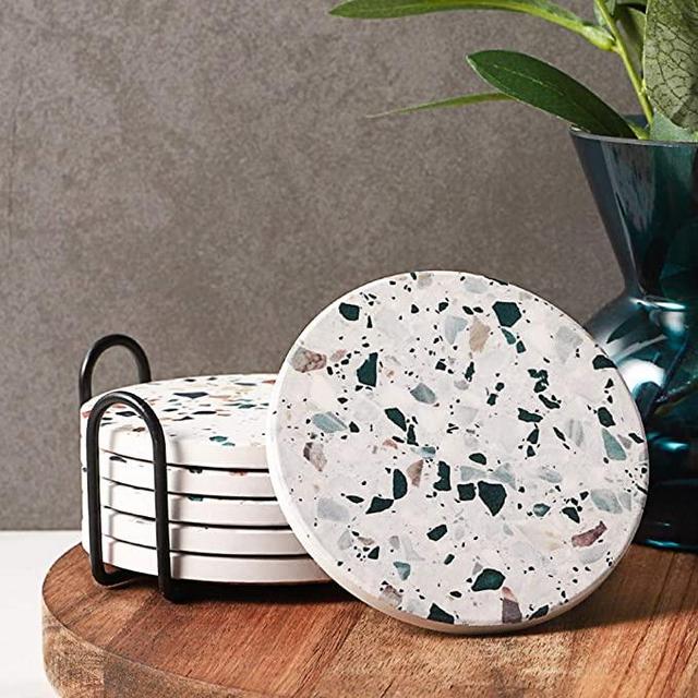 LIFVER Coasters for Drinks, Absorbent Coasters with Holder Set of 6, 4 inches - Terrazzo