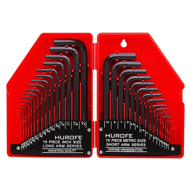 HUROFE Hex Key Allen Wrench Set, 30-Piece (7/250-3/8 inch, 0.7-10 mm), Long Arm and Short Arm, L Shape and Chamfered Tip，Chrome Vanadium Steel
